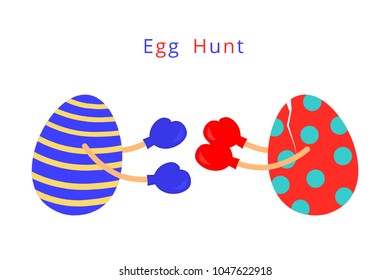 Vector illustration of two Easter eggs boxing. One egg is with crack.