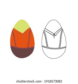 A vector illustration of two eggs isolated on white background. One egg has a colorful orange shirt, brown trousers, another is black and white. Designed as a coloring book page for adults and kids.