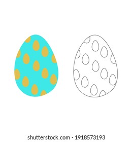 A vector illustration of two eggs ornamented ellipses isolated on white background. One egg is colored turquoise and mustard, another is black and white. Designed as a coloring book page for adults an