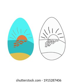 A vector illustration of two eggs with a picture of a sunrise isolated on white background. One egg is colored, another is black and white. Designed as a coloring book page for adults and kids.