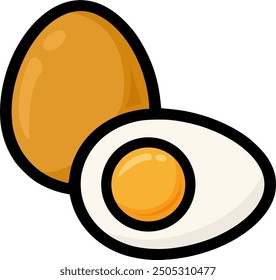 A vector illustration of two eggs side by side on a white background. One egg is cracked open, revealing a bright yellow yolk inside. The other egg is intact, with a smooth and glossy surface.