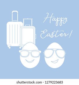 Vector illustration with two eggs, sunglasses, suitcases. Inscription Happy Easter. Greeting card.