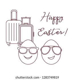 Vector illustration with two eggs, sunglasses, suitcases. Inscription Happy Easter. Greeting card.