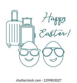 Vector illustration with two eggs, sunglasses, suitcases. Inscription Happy Easter. Greeting card.