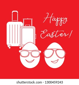 Vector illustration with two eggs, sunglasses, suitcases. Inscription Happy Easter. Greeting card.