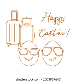 Vector illustration with two eggs, sunglasses, suitcases. Inscription Happy Easter. Greeting card.