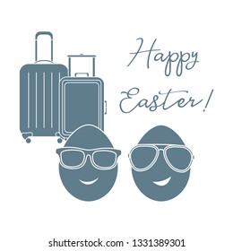 Vector illustration with two eggs, sunglasses, suitcases. Inscription Happy Easter. Greeting card.