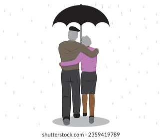 vector illustration of two elderly people, a man and a woman walking close together holding a black umbrella, the man wearing a shirt and trousers and a hat and the woman wearing a skirt and pink shir