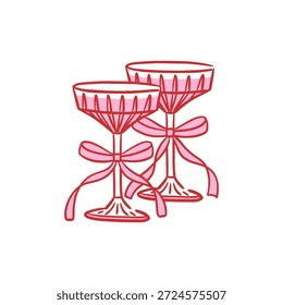 Ilustración vectorial de dos copas de champán elegantes con lazos de cinta, ideal para celebración romántica, boda o San Valentín. Platillos de cóctel dibujados a mano