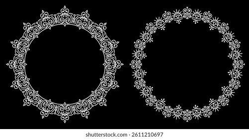 Vector illustration of two elegant circular frames featuring detailed ornamental patterns on a black background, ideal for decorative projects