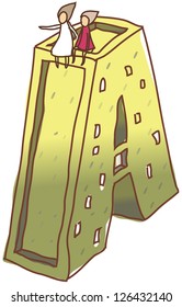 A vector illustration of two elves sitting an a big letter A