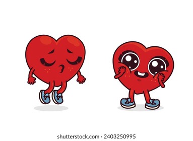 Vektorgrafik mit zwei emotionalen Herzen. Die Charaktere sind im Stil der alten Animation hellrot. Zeichen einzeln auf weißem Hintergrund.