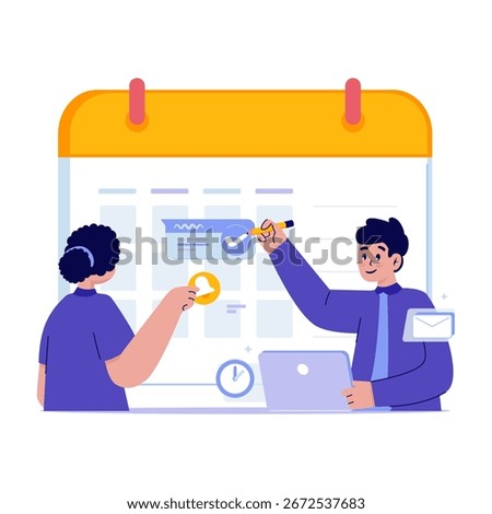 Vector illustration of two employee characters make scheduled plans. Mark calendar and set notification reminder bell. Teamwork workplan concept