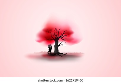 Vector illustration two enamored under a love tree.