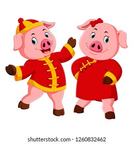 vector illustration of two excited pink pigs use the red costume for celebrate chinese new year