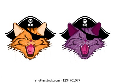 Vector illustration with two faces of ginger and purple cats in pirate hat and eye patch isolated on the white baсkground.