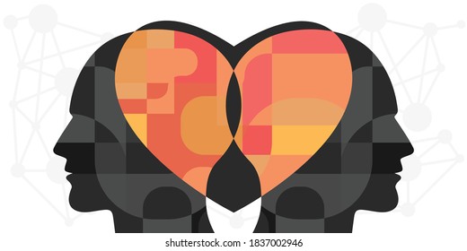 ilustración vectorial de dos caras y corazón superpuesto para problemas de relación compleja y psicología interpersonal