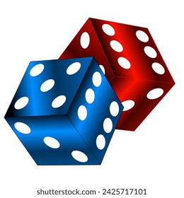 Vector illustration of two falling red and blue dice rolling on a white background