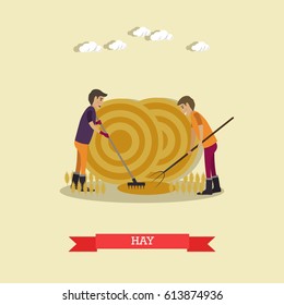 Vector illustration of two farm workers gathering hay with pitchfork and rake, round press hay bales. Farming concept design element in flat style.