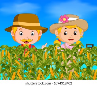 Vector Illustration Of Two Farmers In A Corn Field