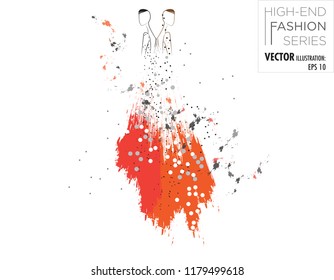Vector illustration of two fashion model standing back to back wearing red and orange brush stroke dresses with scattered pattern dots and paint and ink splashes