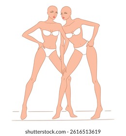 Vector illustration of two fashion models in stylish poses, wearing white lingerie. This fashion sketch is ideal for showcasing beauty, elegance, female form, and fashion design concepts.