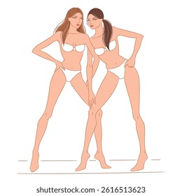 Vector illustration of two fashion models in stylish poses, wearing white lingerie. This fashion sketch is ideal for showcasing beauty, elegance, female form, and fashion design concepts.
