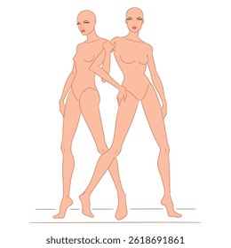 Vector illustration of two fashion models in stylish poses, wearing white lingerie. This fashion sketch is ideal for showcasing beauty, elegance, female form, and fashion design concepts.