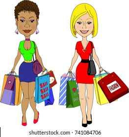 A vector illustration of two fashionable, smiling lady friends, one an African American with a short afro, the other a blonde Caucasian, walking carrying colorful shopping bags.