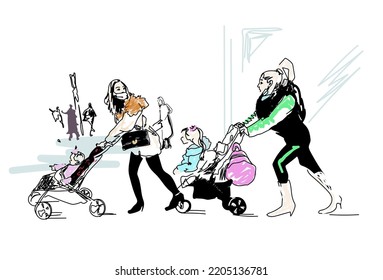 Vector illustration, two fashionable young mothers with girls run for sale, shopping cartoon