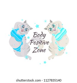 Vector illustration of a two fat cute striped cats in blue and turquoise swimsuits. Text Body positive zone. Isolated on the white background.