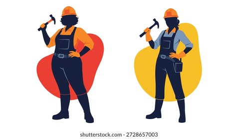 Ilustración vectorial de dos trabajadoras de la construcción con cascos de seguridad y monos mientras sostienen martillos en poses seguras.