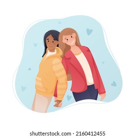 Vector illustration, two female friends or lesbian couple of girls are standing.