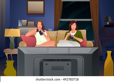 A vector illustration Two Female Friends Watching TV   Eating Ice Cream