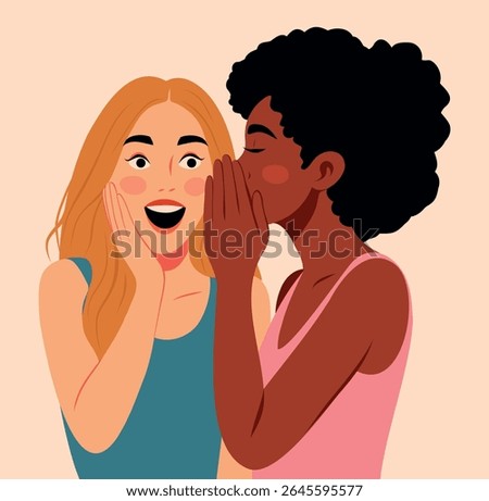 Vector illustration, two female friends sharing a secret, gossip. One whispers, the other is surprised and smiles. Friendship day, trust, emotions. Women's day. For women's projects