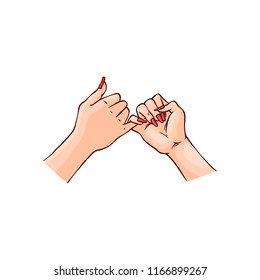 Vector illustration of two female hands hook each other little finger in sketch style isolated on white background. Hand drawn woman wrists with gesture mean promise and friendship.