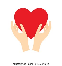 Vector illustration of two female hands holding red heart. Symbol of charity blood donation, unity partnership peace help support. Social political poster banner