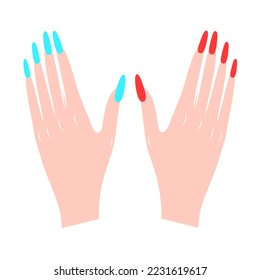 Vector illustration of two female hands with red and blue nails on a white background. Perfect for beauty, salon and whitening cream logos.