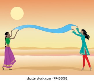vector illustration of two female indian workers in traditional clothes drying a piece of blue dyed cloth under a hot sun in eps 10 format