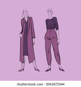 Vector illustration. Two female models in purple dresses are standing in an expressive pose. The first girl is dressed in an evening dress, shoes and a light coat. The second girl is dressed in a loos