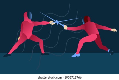 Ilustración vectorial con dos esgrimidores luchando, preparando o entrenando para el campeonato o alguna competencia. Icono de estilo plano 