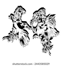 Vector illustration of two fighting cocks fighting.