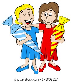 vector illustration of two first-graders with school cone