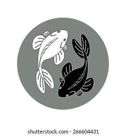 Vector illustration of two fish in a grey circle. Black and white fish. Pisces concept.