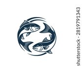 A vector illustration of two fish swimming in a circular motion, forming a balanced and dynamic logo design, isolated on a white background.