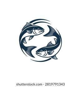 A vector illustration of two fish swimming in a circular motion, forming a balanced and dynamic logo design, isolated on a white background.