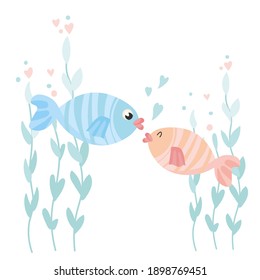 vector illustration two fishes are kissing. fish let their hearts go under water. valentines day concept