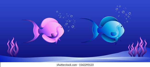 Vector illustration of two fishes with seaweed decor