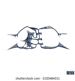Vector illustration. Two fists bumping together. Concept of fight, outline art.