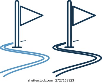 Ilustración vectorial de dos iconos de banderas en caminos sinuosos en tonos azules sobre un fondo blanco puro, que representan el viaje y el progreso